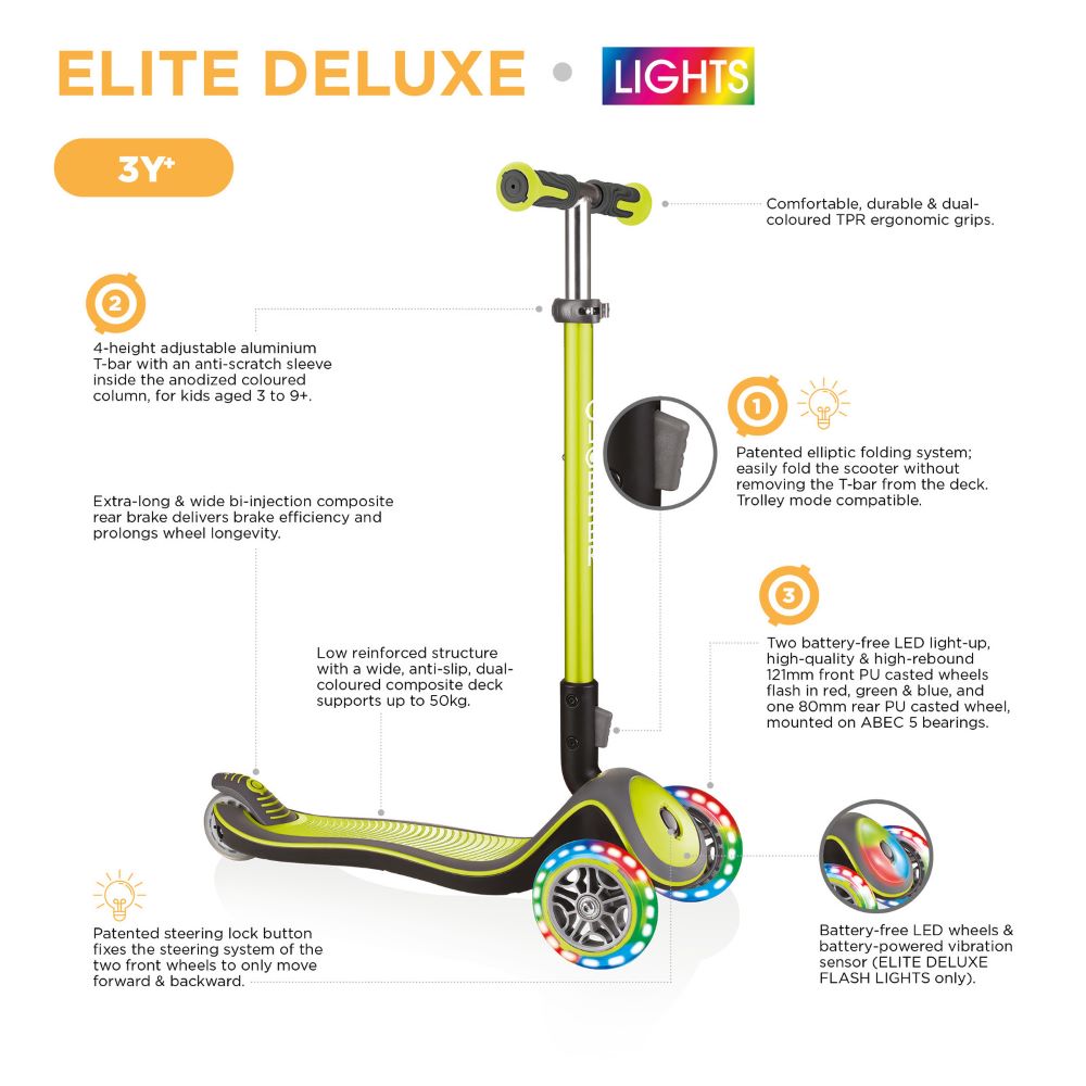 Globber Elite Deluxe with Lights Folding Scooter